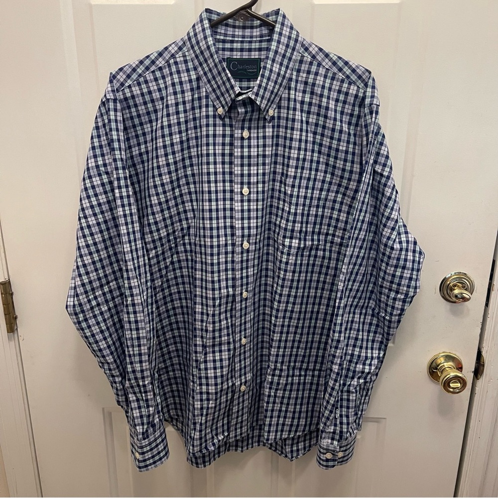 Charleston Threads Blue Plaid Cotton Long Sleeve Button‎ Down Shirt Men's XL